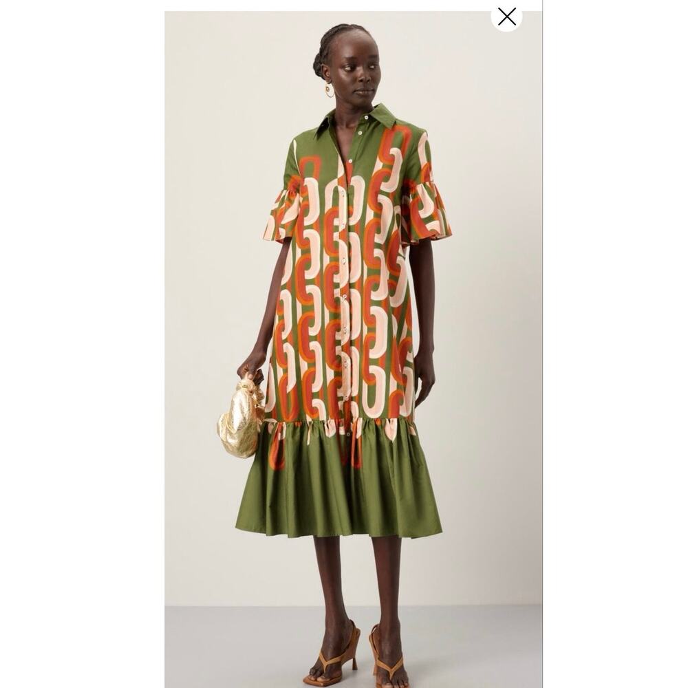 LA DOUBLEJ Green Orange Retro Inspired Print Ruffled Sleeves Choux Midi Dress M
